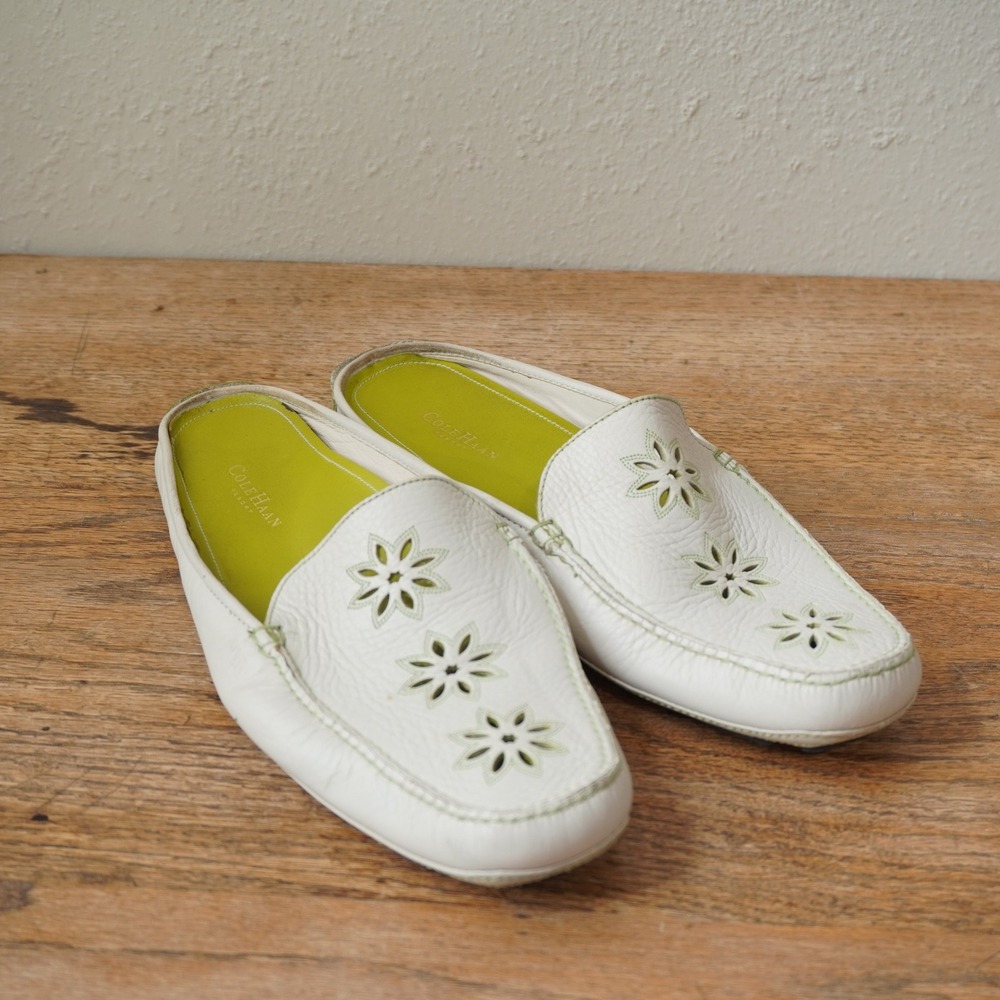 Cole Haan Womens Size 9 White Leather Mules Floral Cut-Out Slip On Feminine Chic